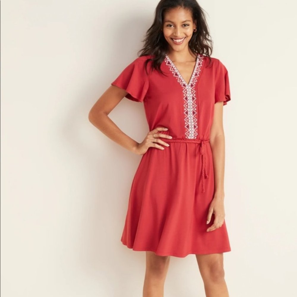 NWT Waist-Defined Embroidered Jersey Dress